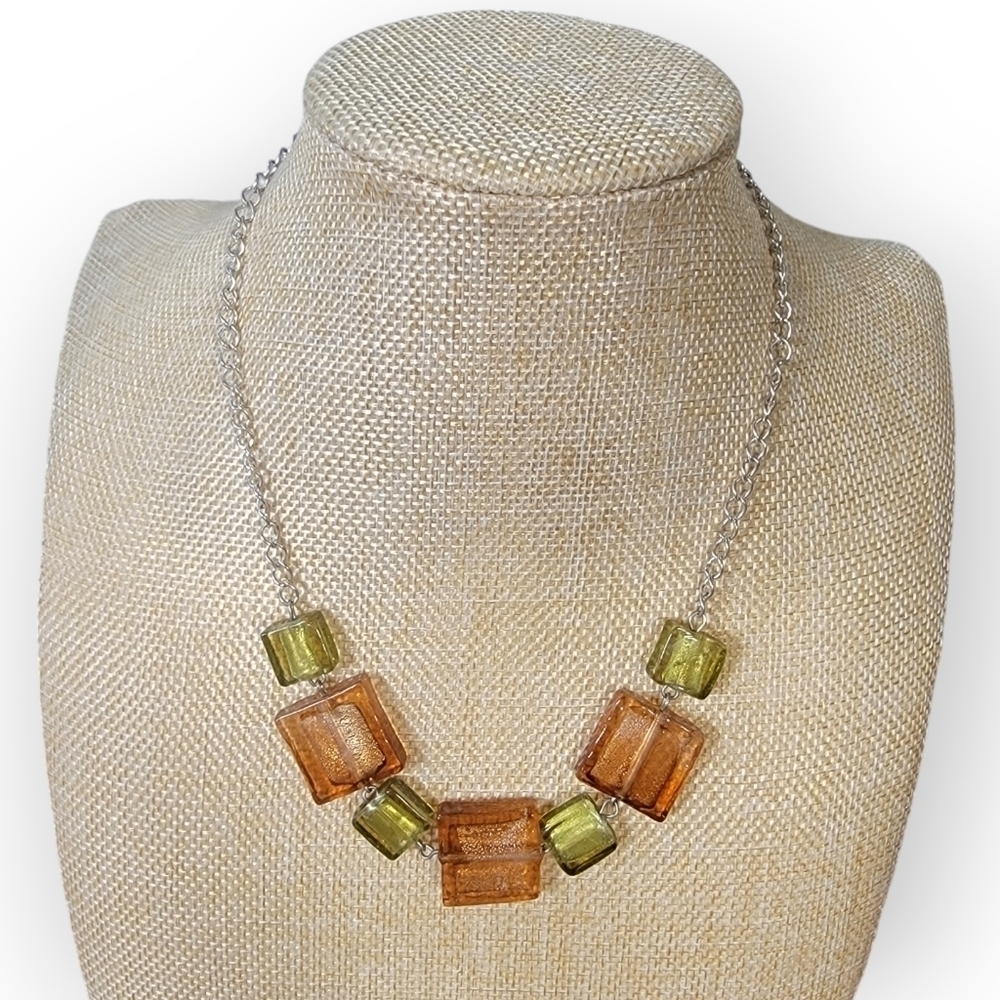 Fall Colors Art Glass Necklace Green Rusty Orange Square Rectangles